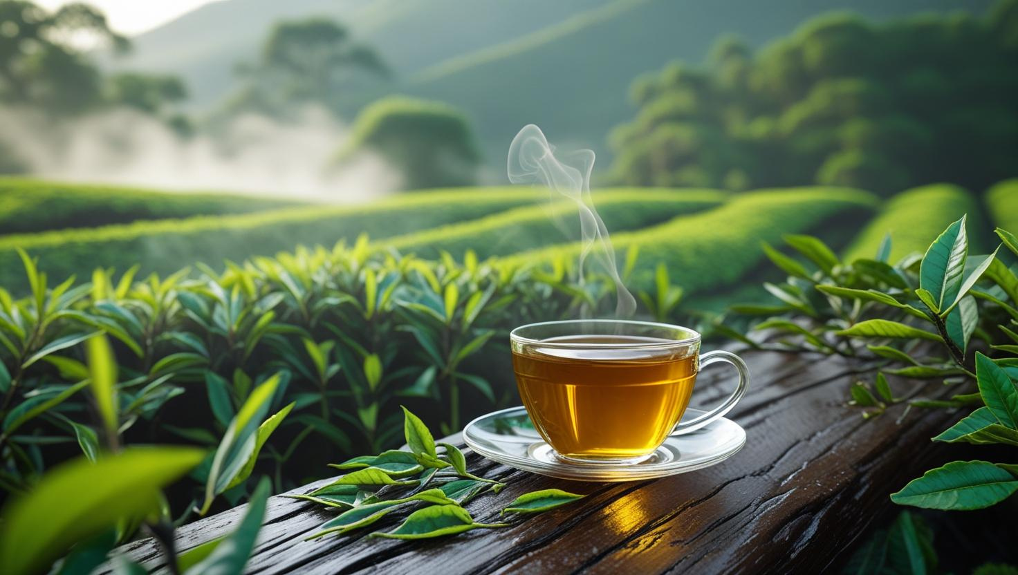 Assam tea gardens with steaming tea cup